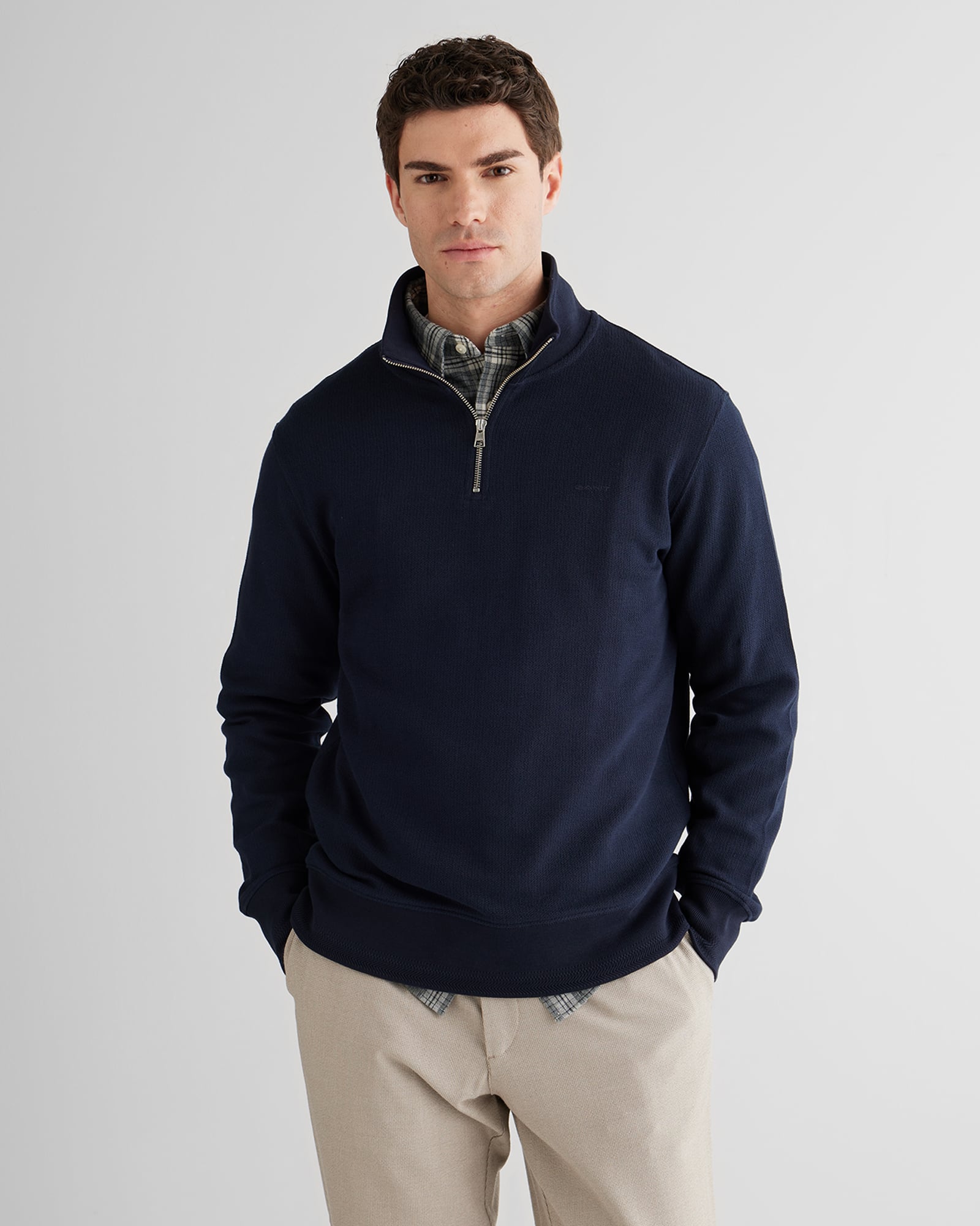  GANT Erkek Lacivert Yarım Fermuarlı Herringbone Kazak