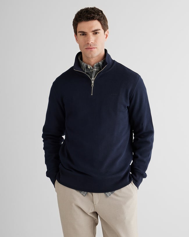  GANT Erkek Lacivert Yarım Fermuarlı Herringbone Kazak