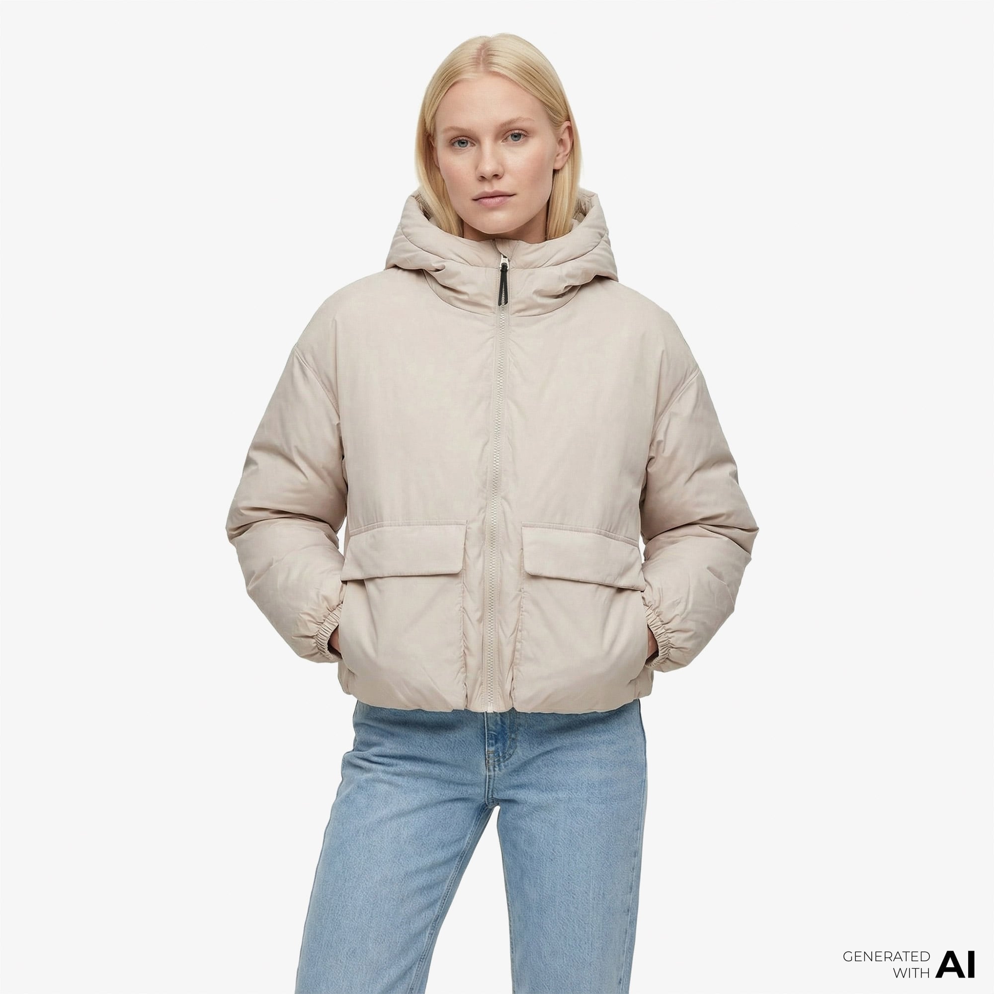  Converse Kadın Kapüşonlu Bej Şişme Mont