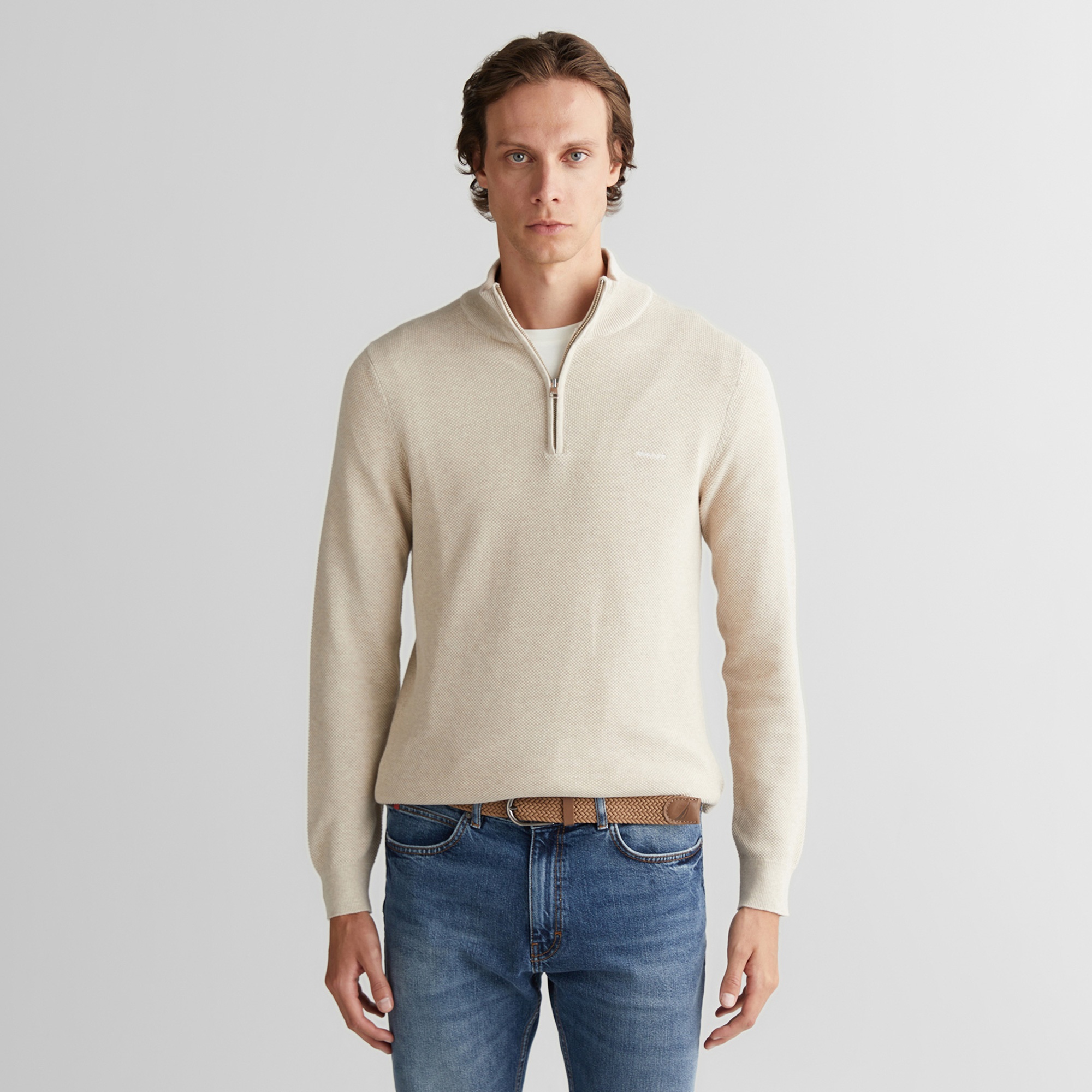 GANT Erkek Bej Regular Fit Yarım Fermuarlı Triko