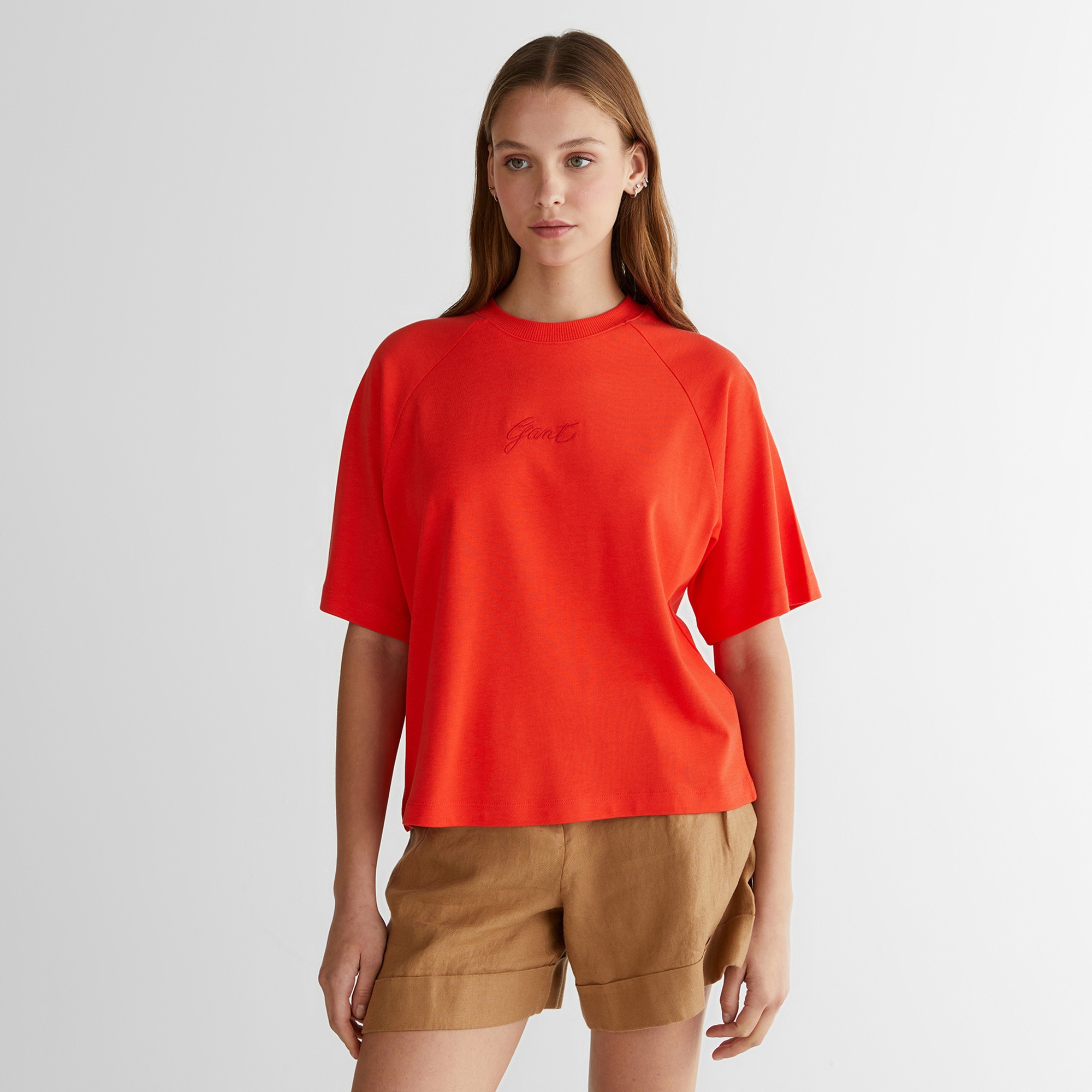 GANT Kadın Kırmızı Bisiklet Yaka Logolu T-Shirt