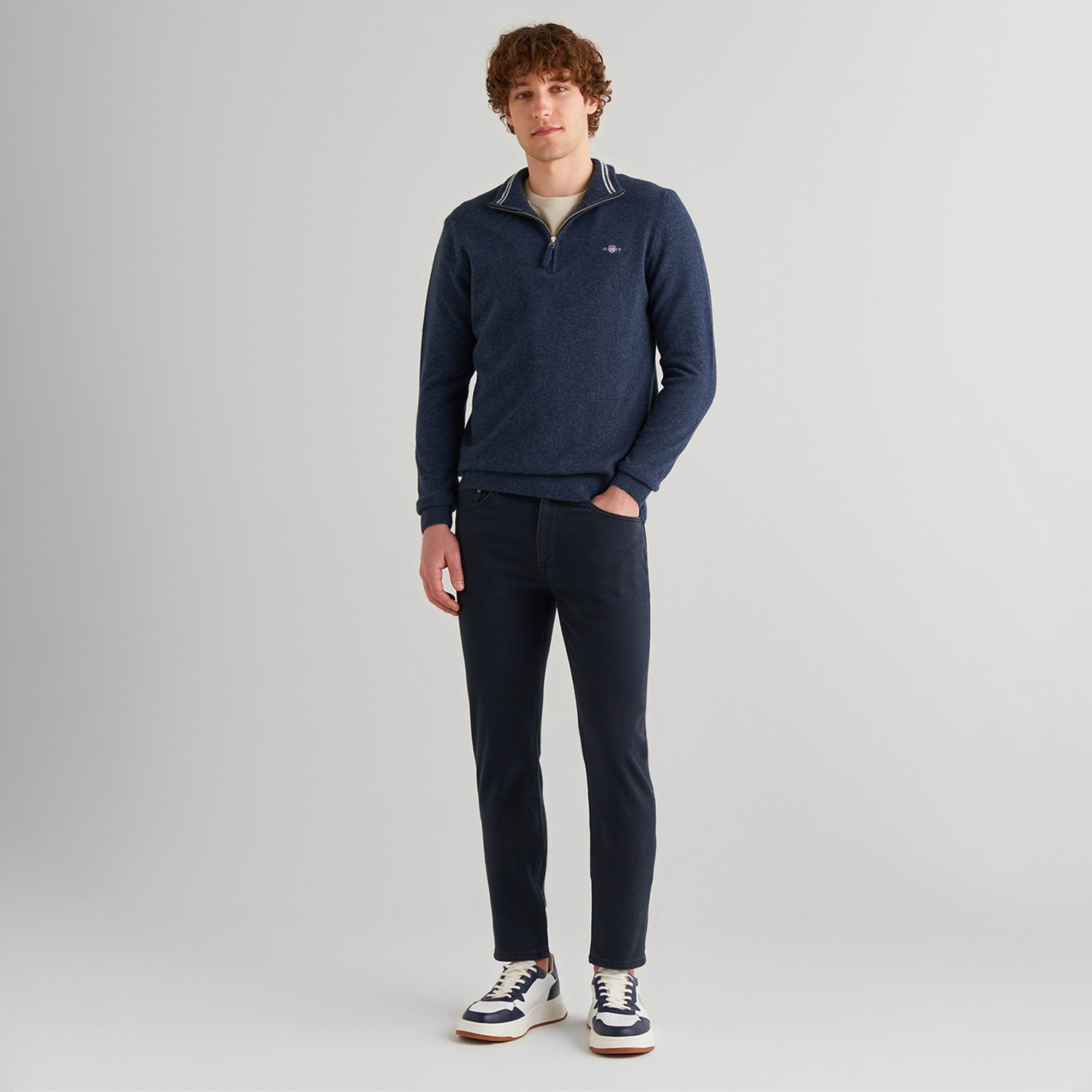 GANT Erkek Lacivert Regular Fit Yarım Fermuarlı Yün Kazak