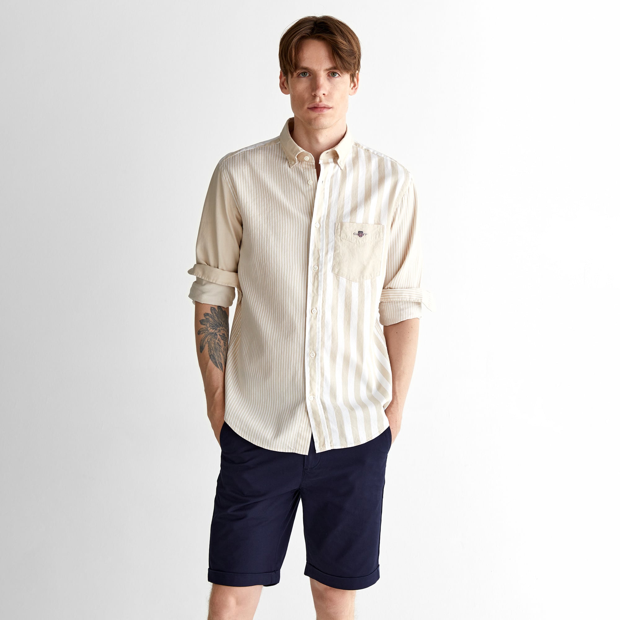  GANT Erkek Bej Regular Fit Düğmeli Yaka Çizgili Gömlek