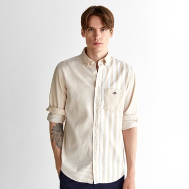  GANT Erkek Bej Regular Fit Düğmeli Yaka Çizgili Gömlek