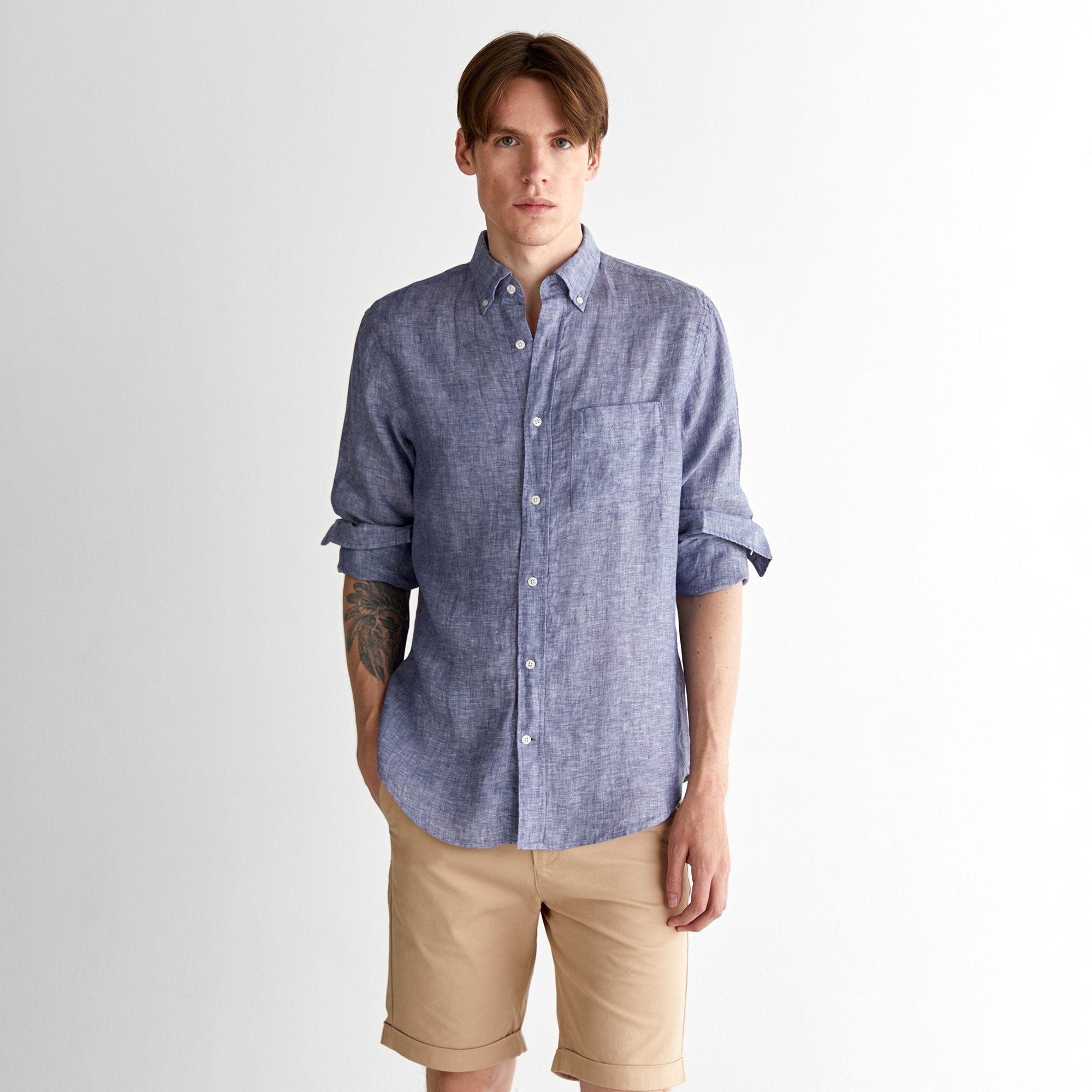 GANT Erkek Mavi Regular Fit Düğmeli Yaka Keten Gömlek