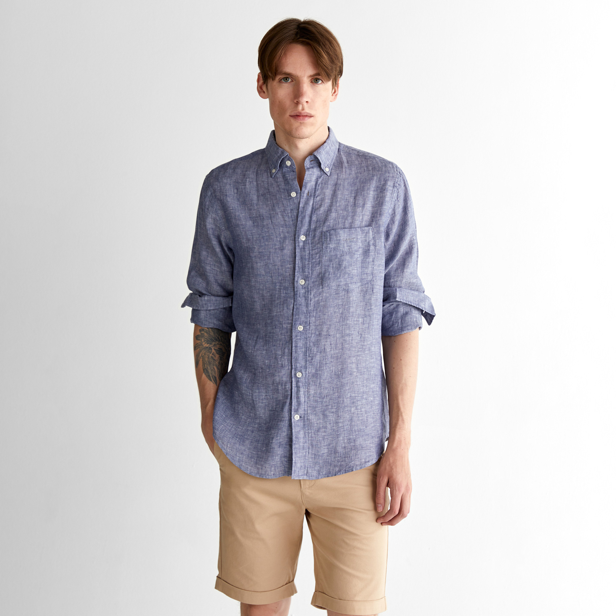  GANT Erkek Mavi Regular Fit Düğmeli Yaka Keten Gömlek