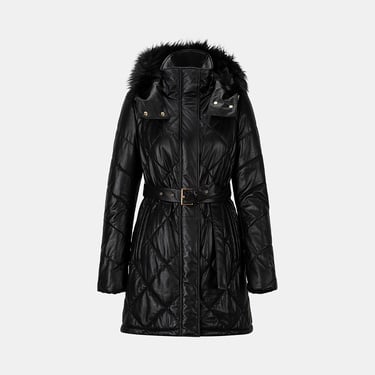  Kadın Siyah Hakim Yakalı Kapüşonlu Deri Mont