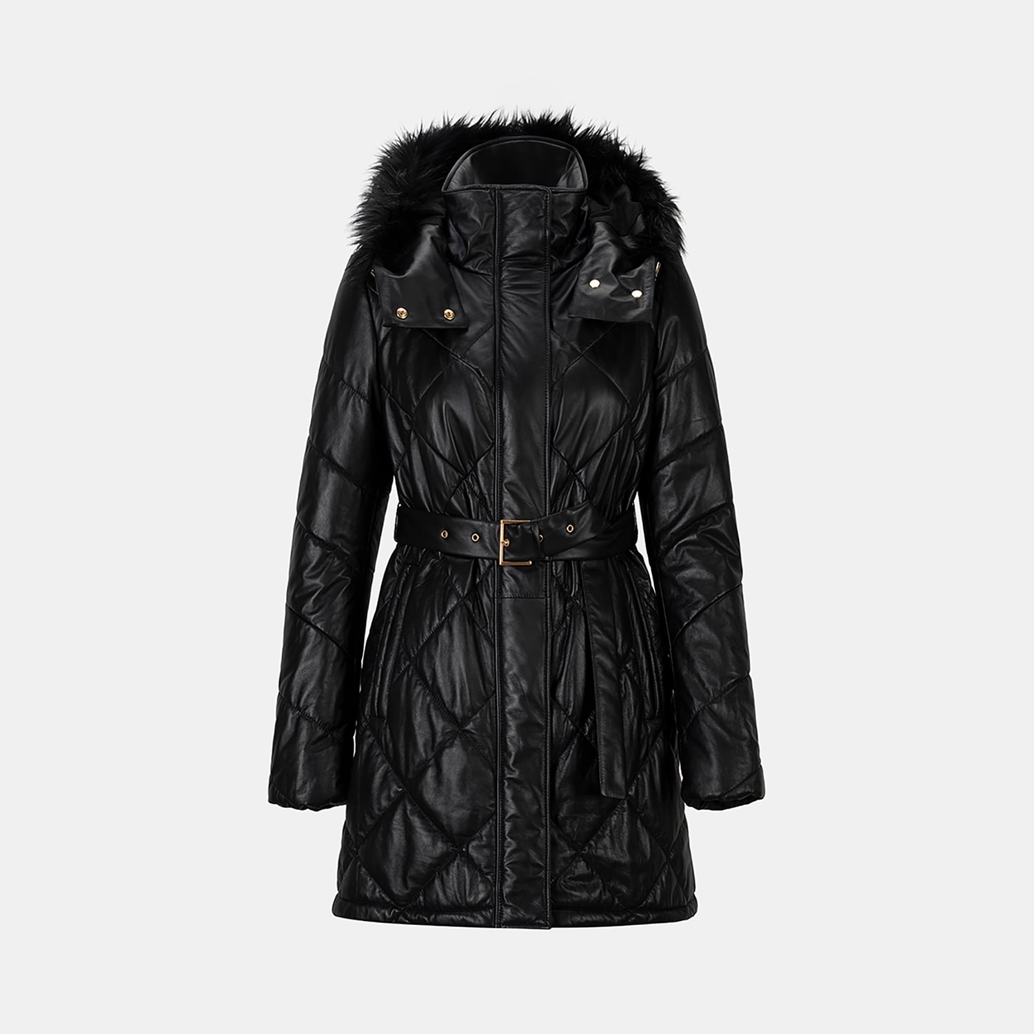  Kadın Siyah Hakim Yakalı Kapüşonlu Deri Mont