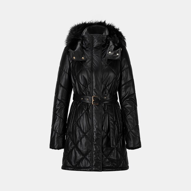  Kadın Siyah Hakim Yakalı Kapüşonlu Deri Mont