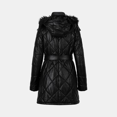  Kadın Siyah Hakim Yakalı Kapüşonlu Deri Mont