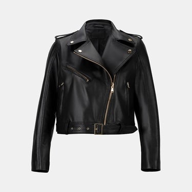  Kadın Siyah Yakalı Deri Biker Ceket