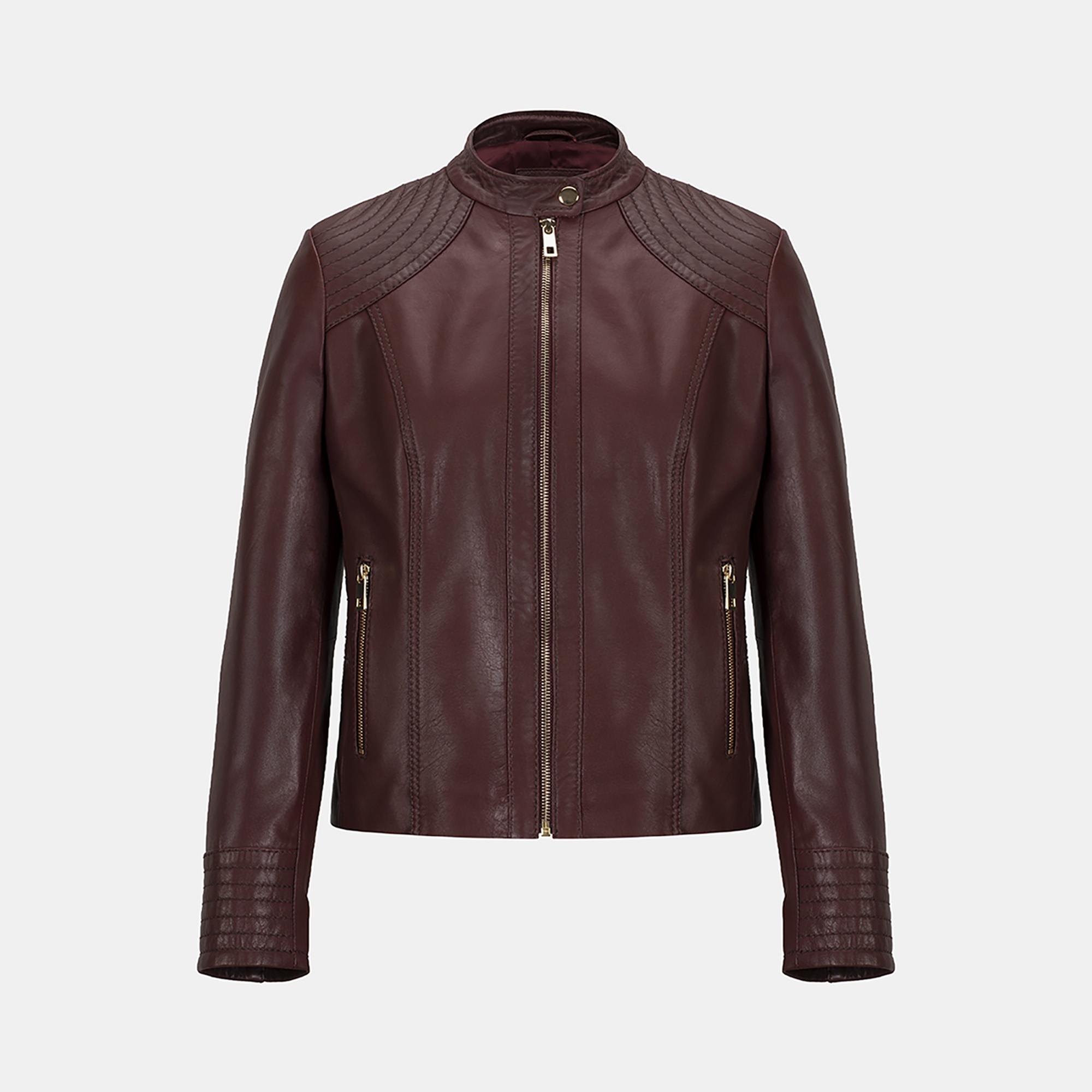 Kadın Bordo Hakim Yakalı Fit Deri Ceket