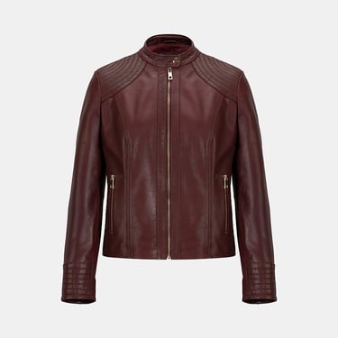  Kadın Bordo Hakim Yakalı Fit Deri Ceket