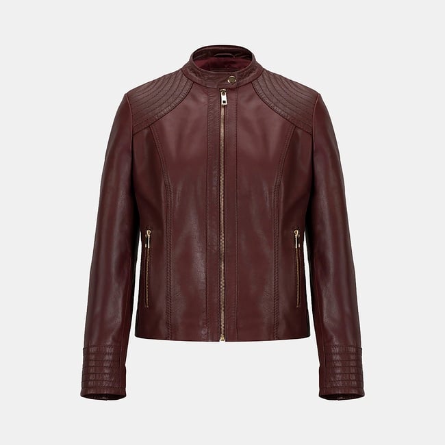  Kadın Bordo Hakim Yakalı Fit Deri Ceket