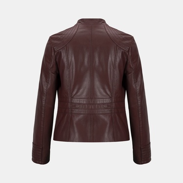  Kadın Bordo Hakim Yakalı Fit Deri Ceket