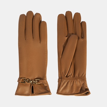  Kadın Taba Zincir Aksesuarlı Deri Eldiven