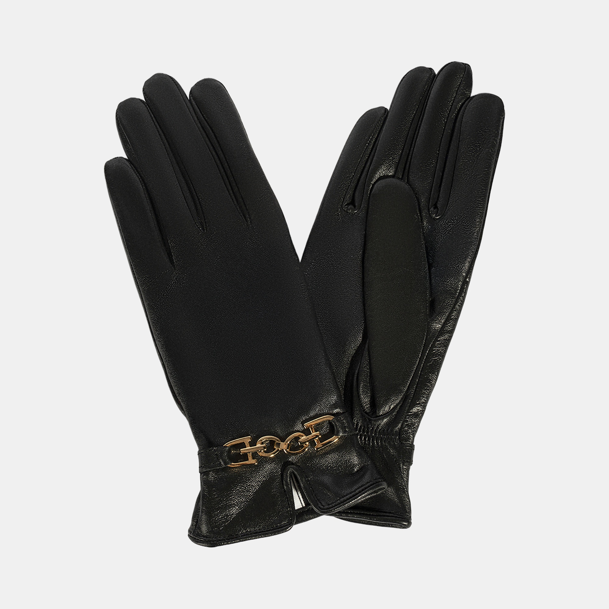 Kadın Siyah Zincir Aksesuarlı Deri Eldiven