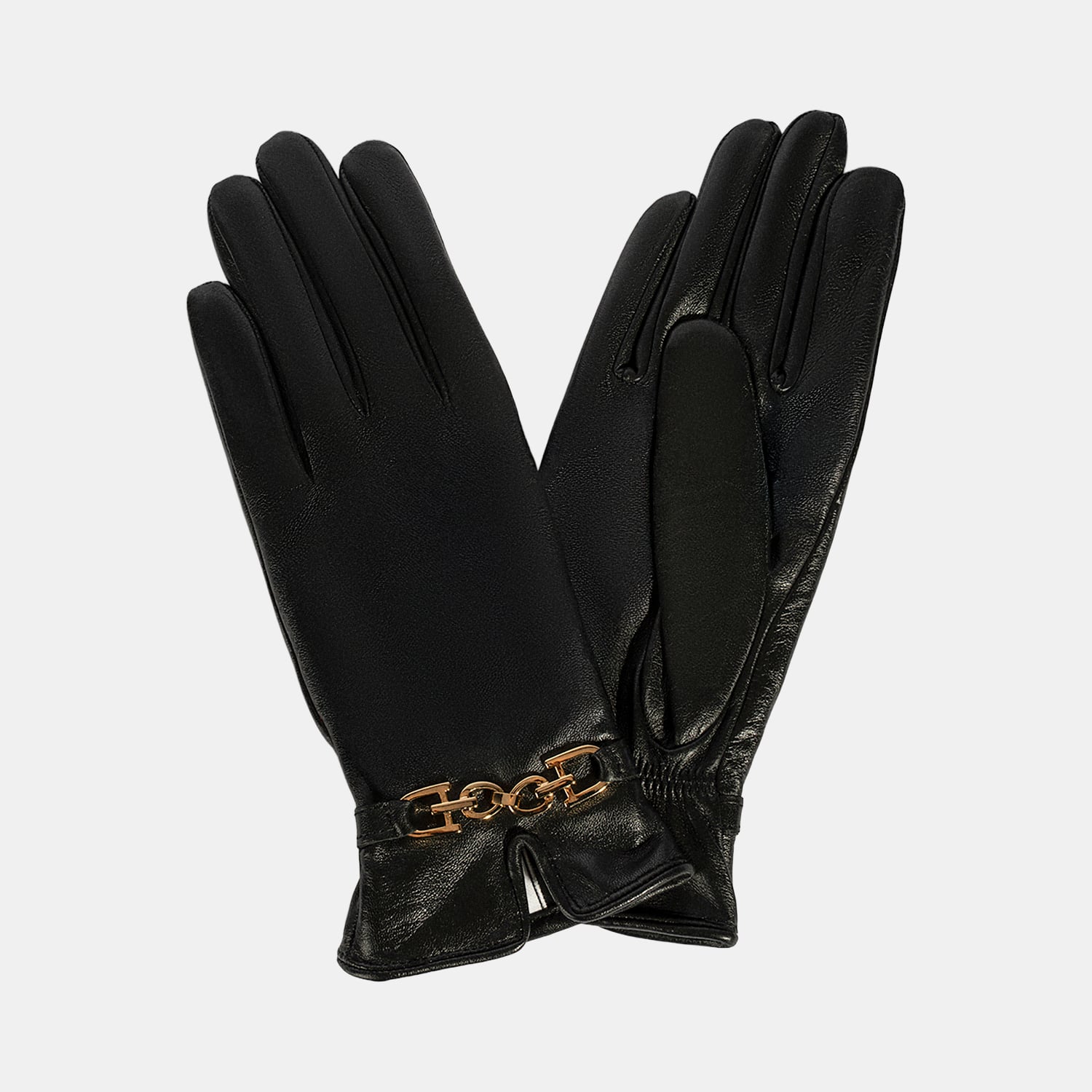  Kadın Siyah Zincir Aksesuarlı Deri Eldiven