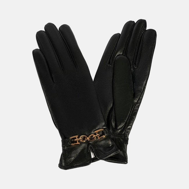  Kadın Siyah Zincir Aksesuarlı Deri Eldiven