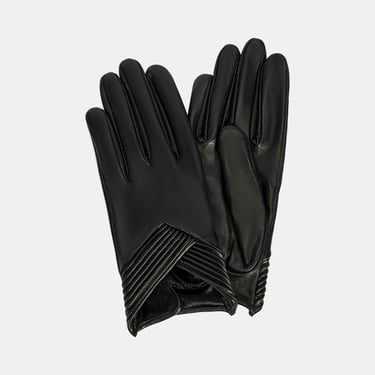  Kadın Siyah Lastik Detaylı Deri Eldiven