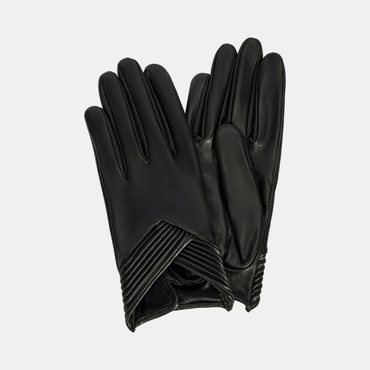  Kadın Siyah Lastik Detaylı Deri Eldiven