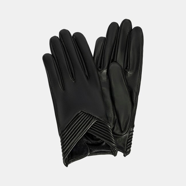  Kadın Siyah Lastik Detaylı Deri Eldiven