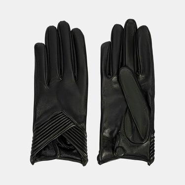  Kadın Siyah Lastik Detaylı Deri Eldiven