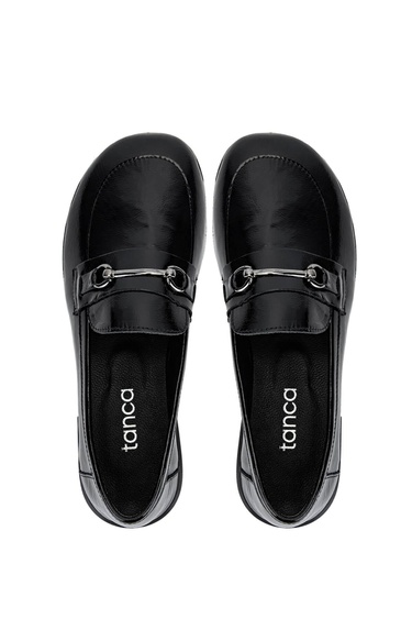  Tamer Tanca Kadın Hakiki Deri Siyah Rugan Loafer Ayakkabı