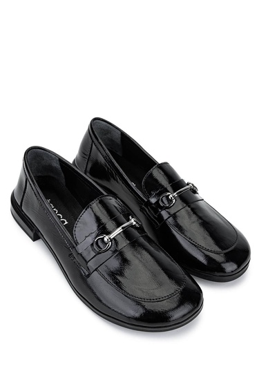  Tamer Tanca Kadın Hakiki Deri Siyah Rugan Loafer Ayakkabı