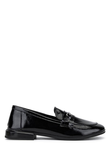  Tamer Tanca Kadın Hakiki Deri Siyah Rugan Loafer Ayakkabı