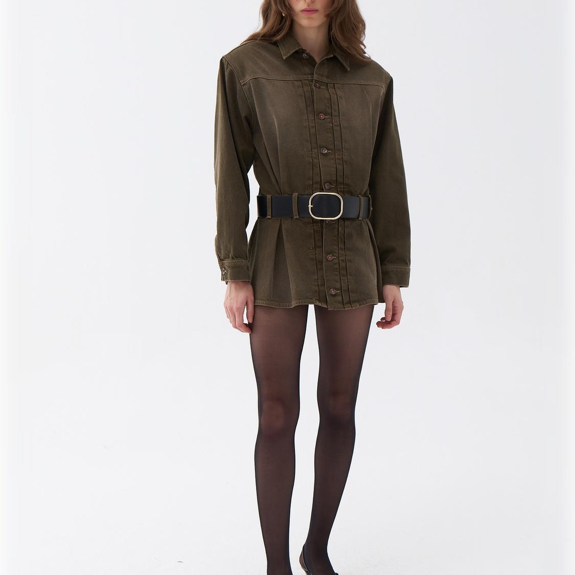 Gömlek Yaka Kemerli Mini Elbise