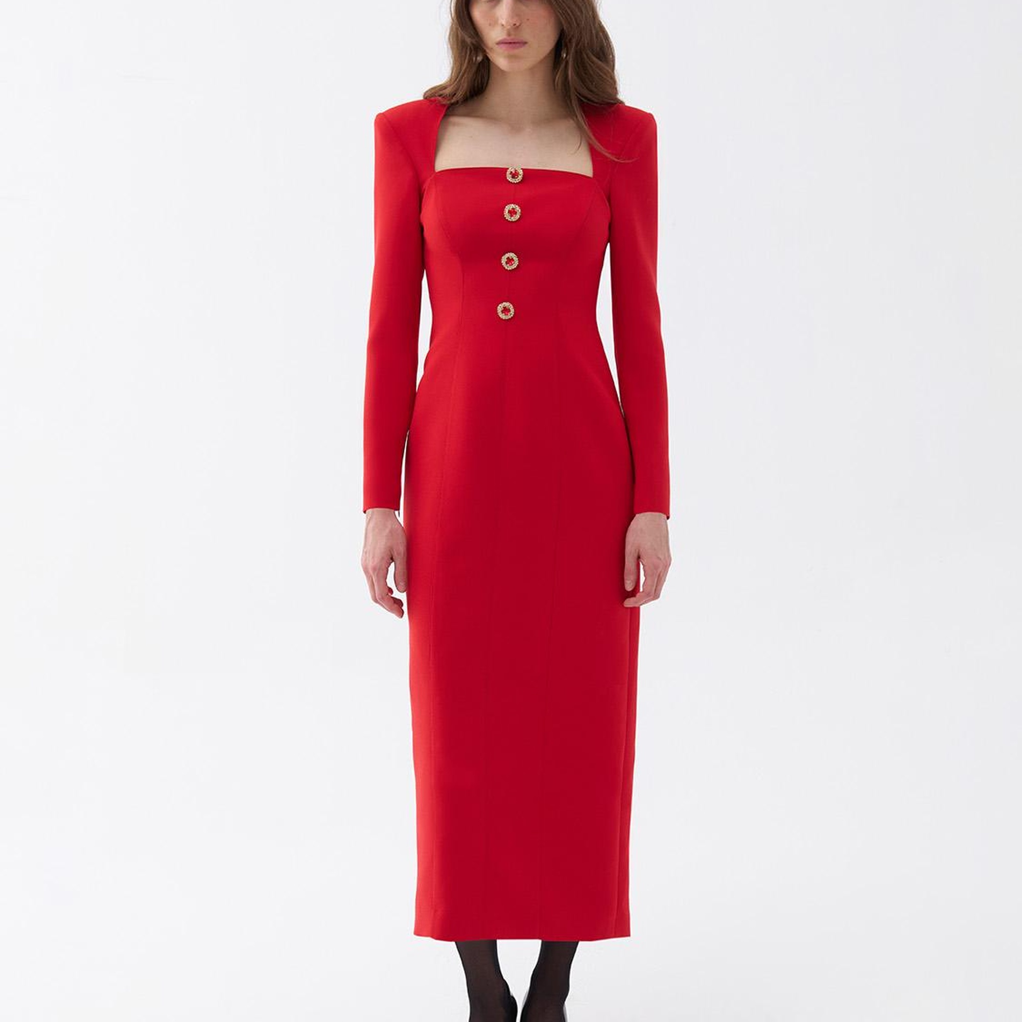 Kare Yaka Midi Elbise