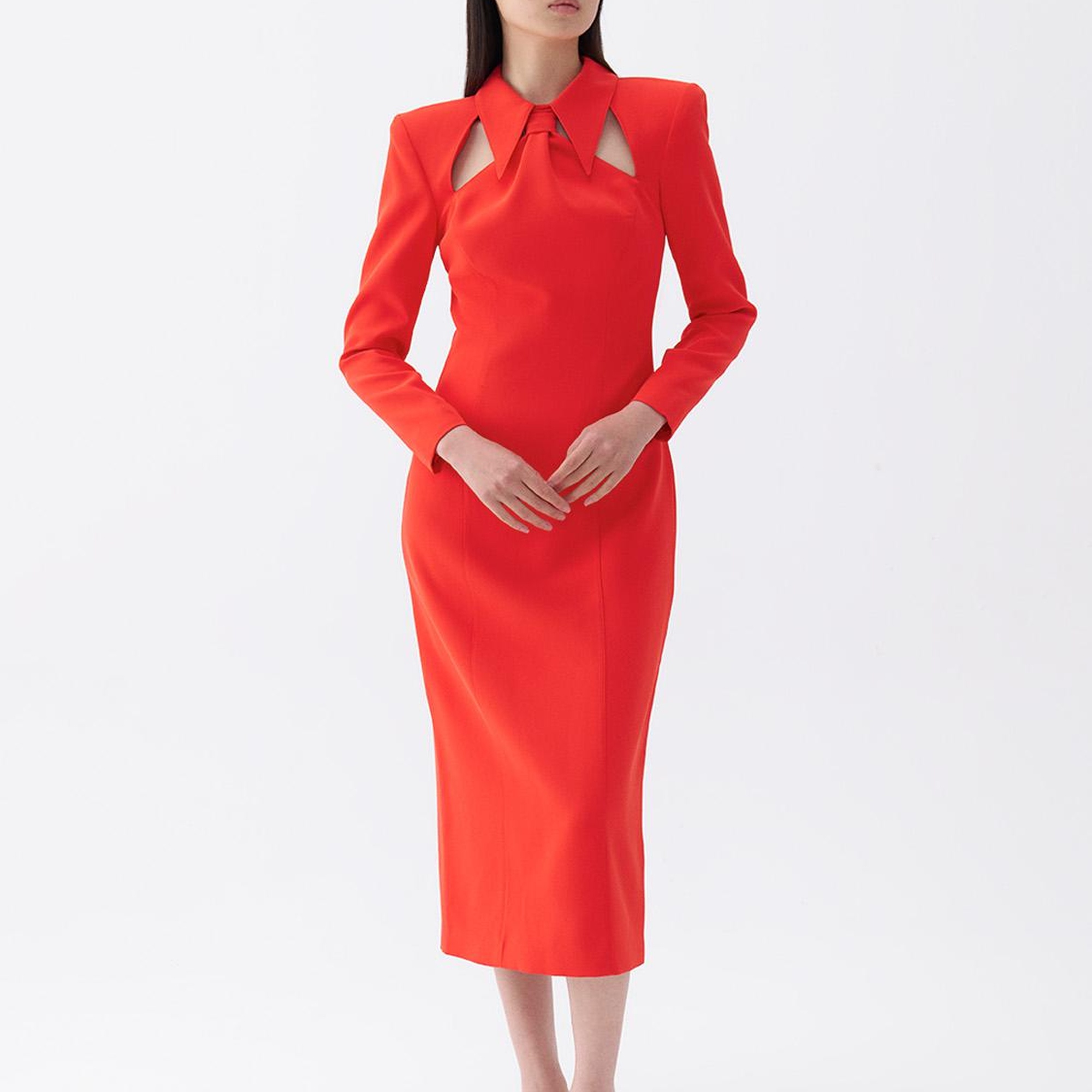 Vatkalı Kravat Yaka Midi Elbise