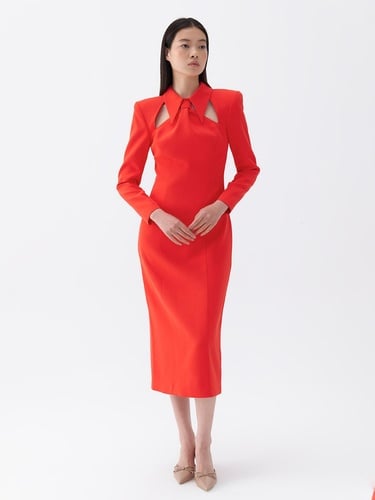  Vatkalı Kravat Yaka Midi Elbise