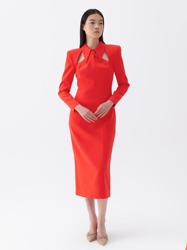  Vatkalı Kravat Yaka Midi Elbise