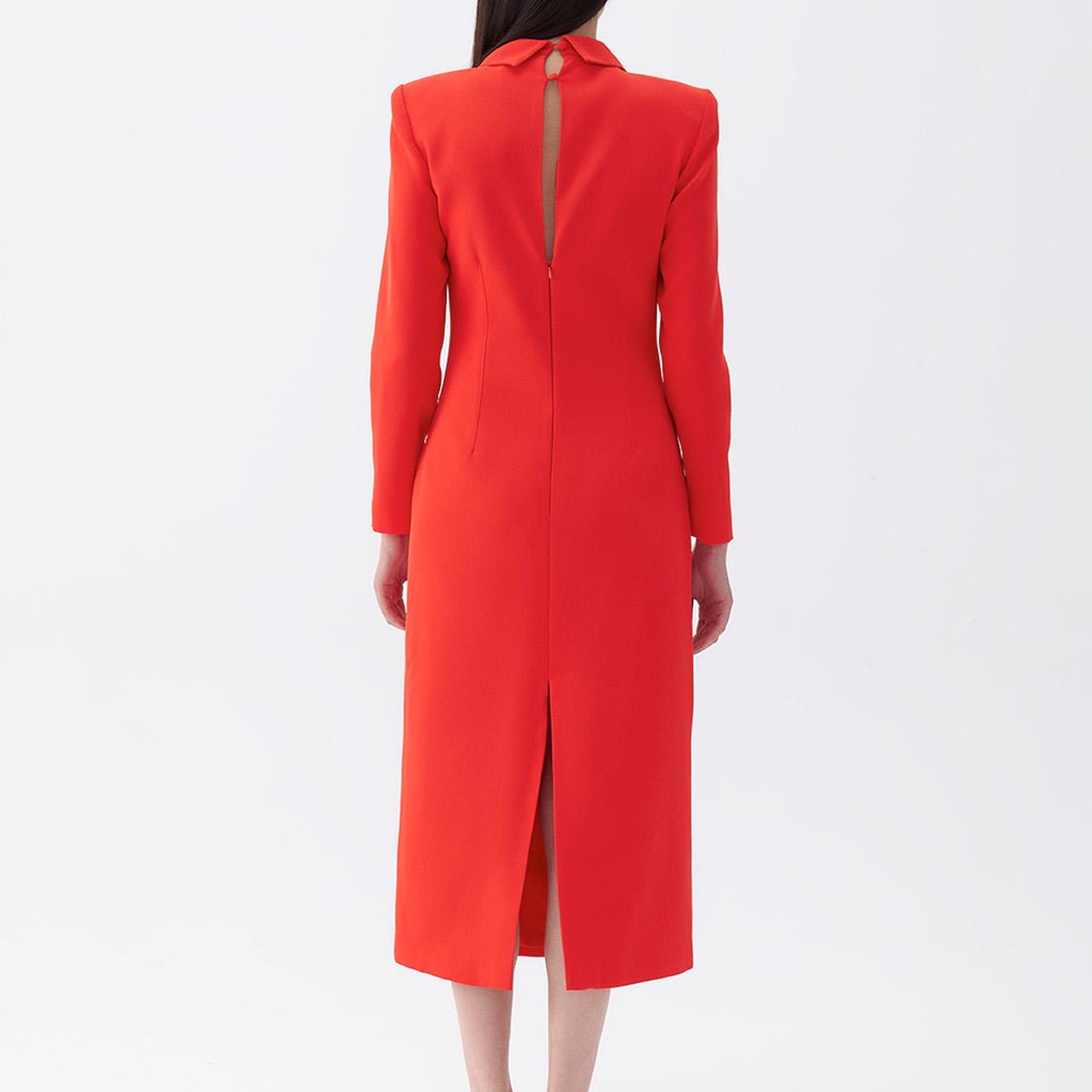 Vatkalı Kravat Yaka Midi Elbise