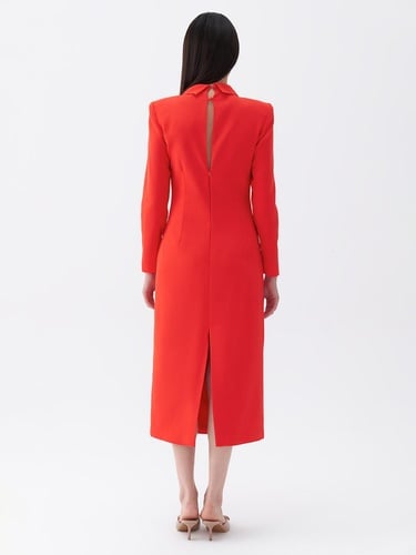  Vatkalı Kravat Yaka Midi Elbise