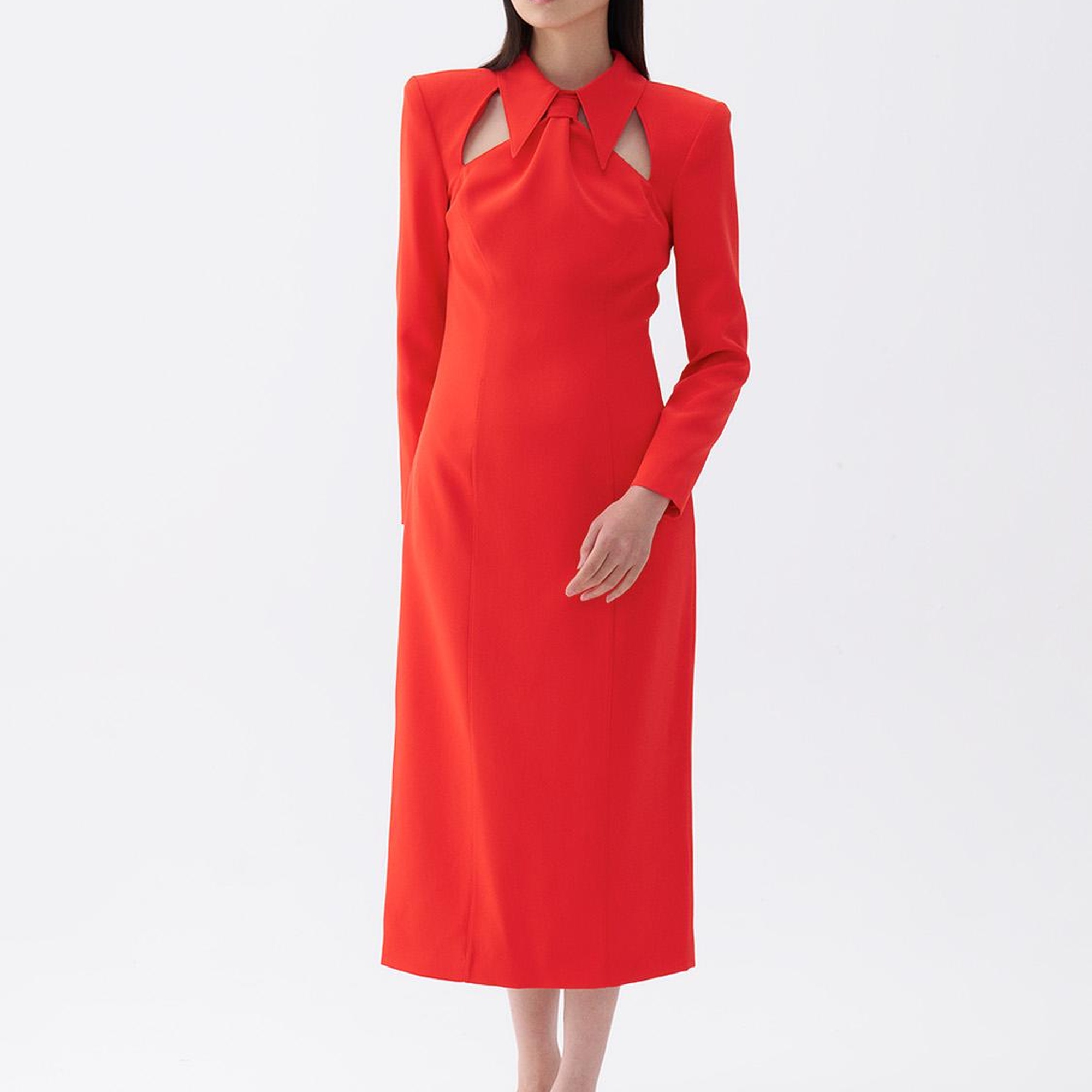 Vatkalı Kravat Yaka Midi Elbise