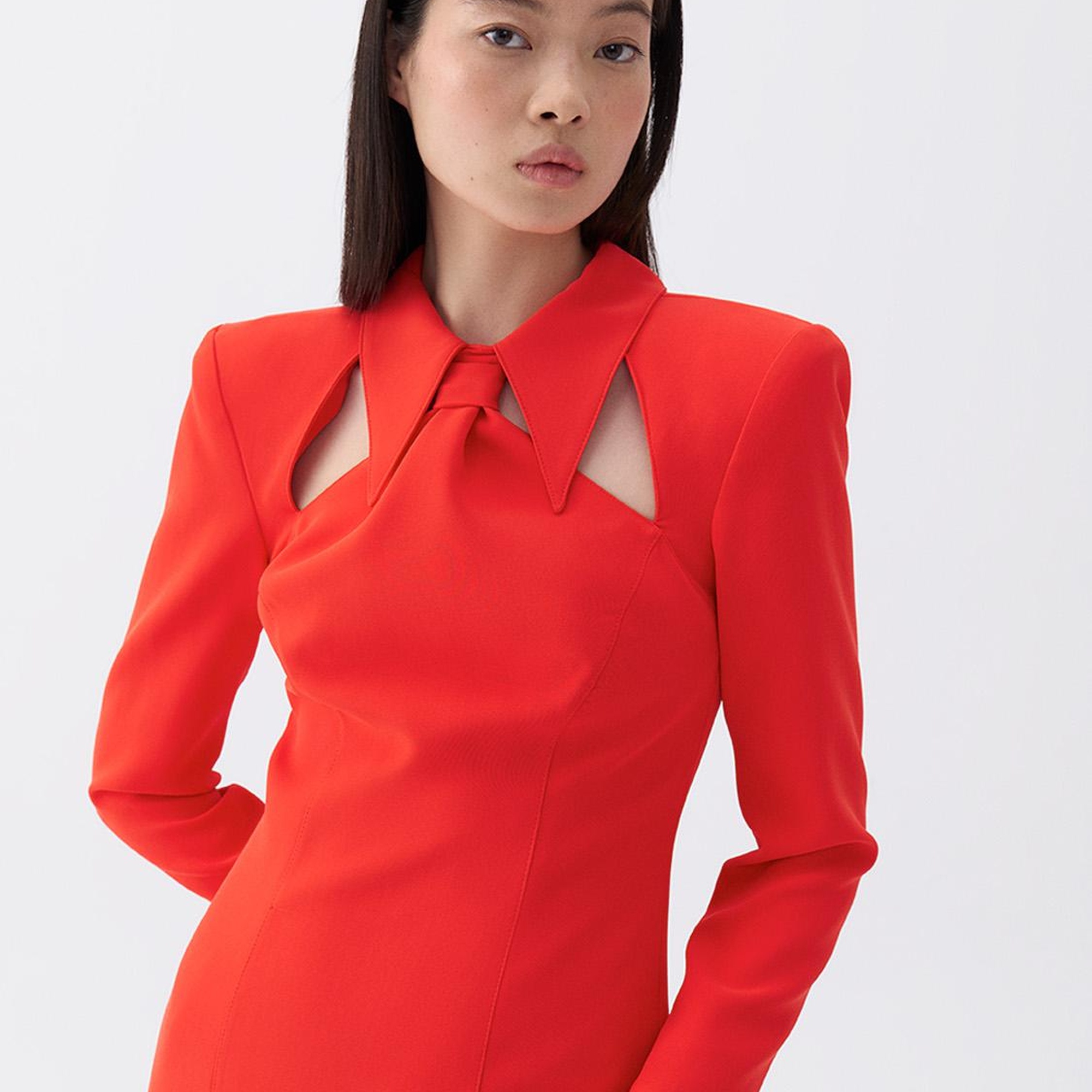 Vatkalı Kravat Yaka Midi Elbise