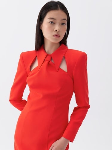  Vatkalı Kravat Yaka Midi Elbise