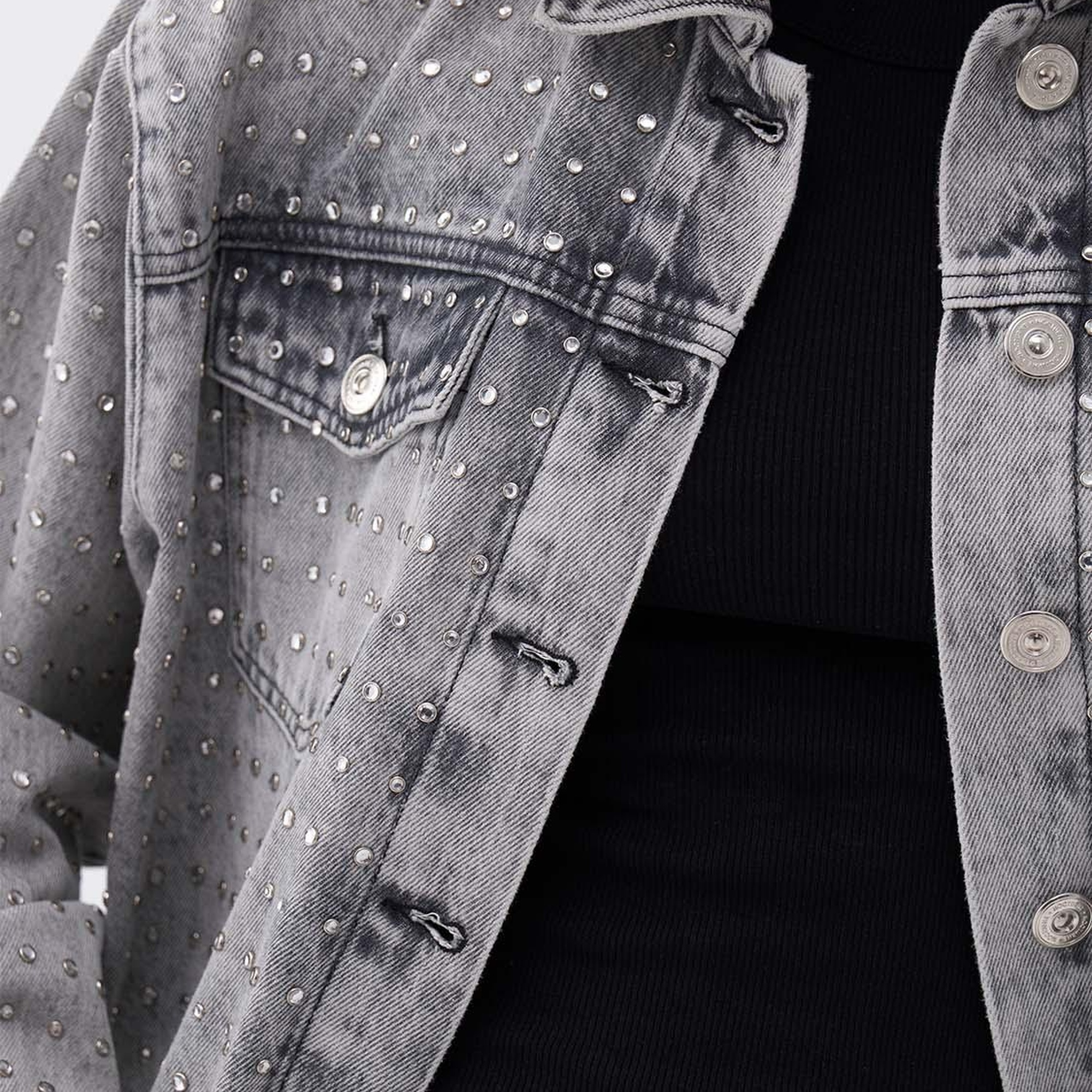 Oversize Taş Tasarımlı Jean Ceket