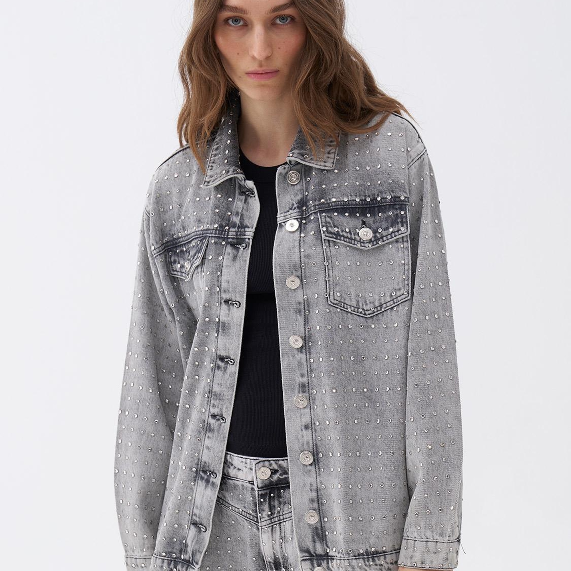 Oversize Taş Tasarımlı Jean Ceket