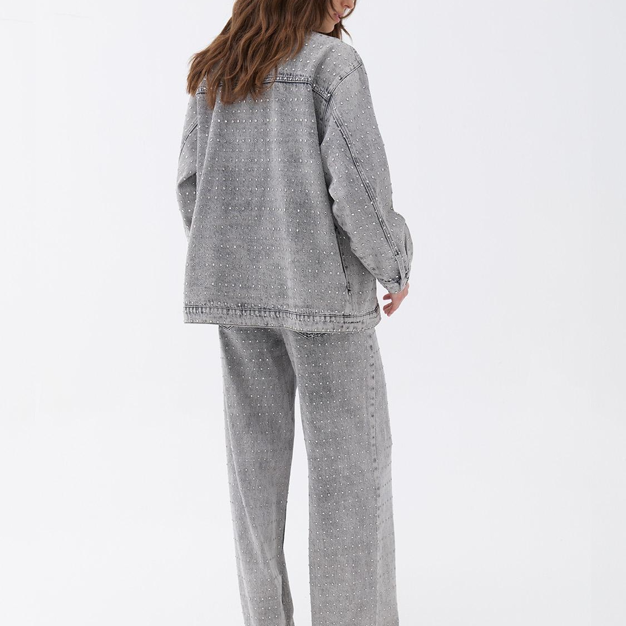 Oversize Taş Tasarımlı Jean Ceket