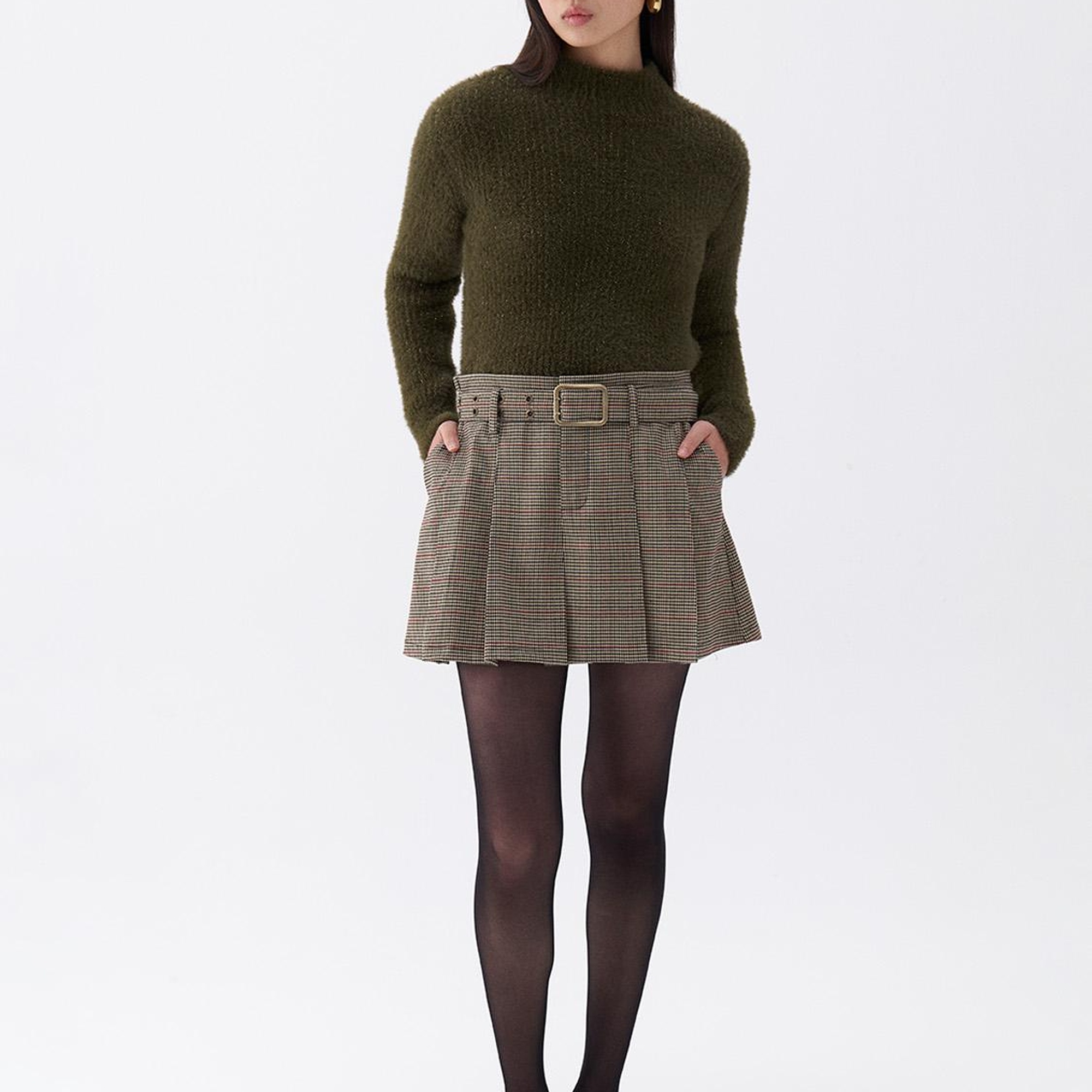 Kemerli Pileli Mini Etek