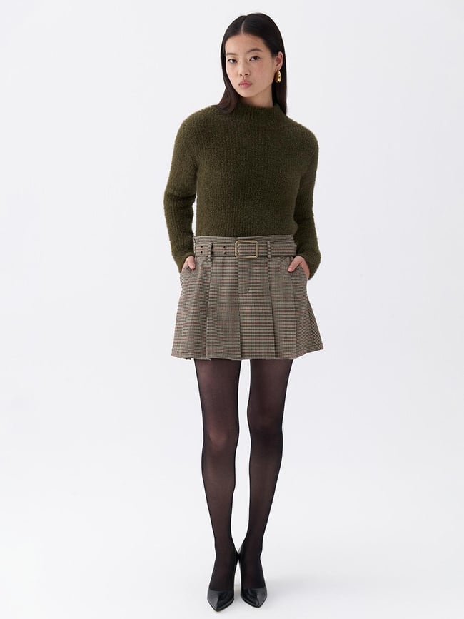  Kemerli Pileli Mini Etek