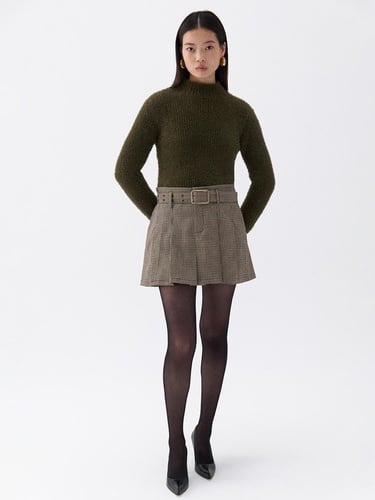  Kemerli Pileli Mini Etek