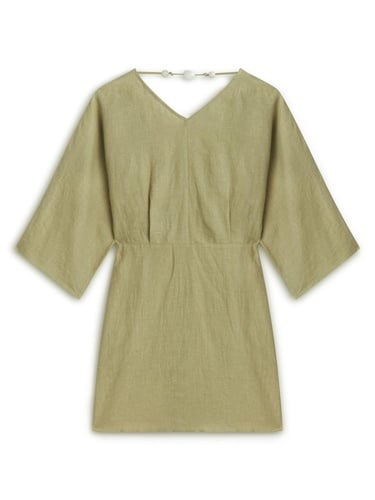  Boncuk Aksesuarlı Sırt Detaylı Keten Mini Elbise