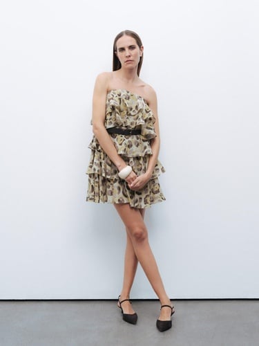  Kemer Detaylı Fırfırlı Mini Elbise