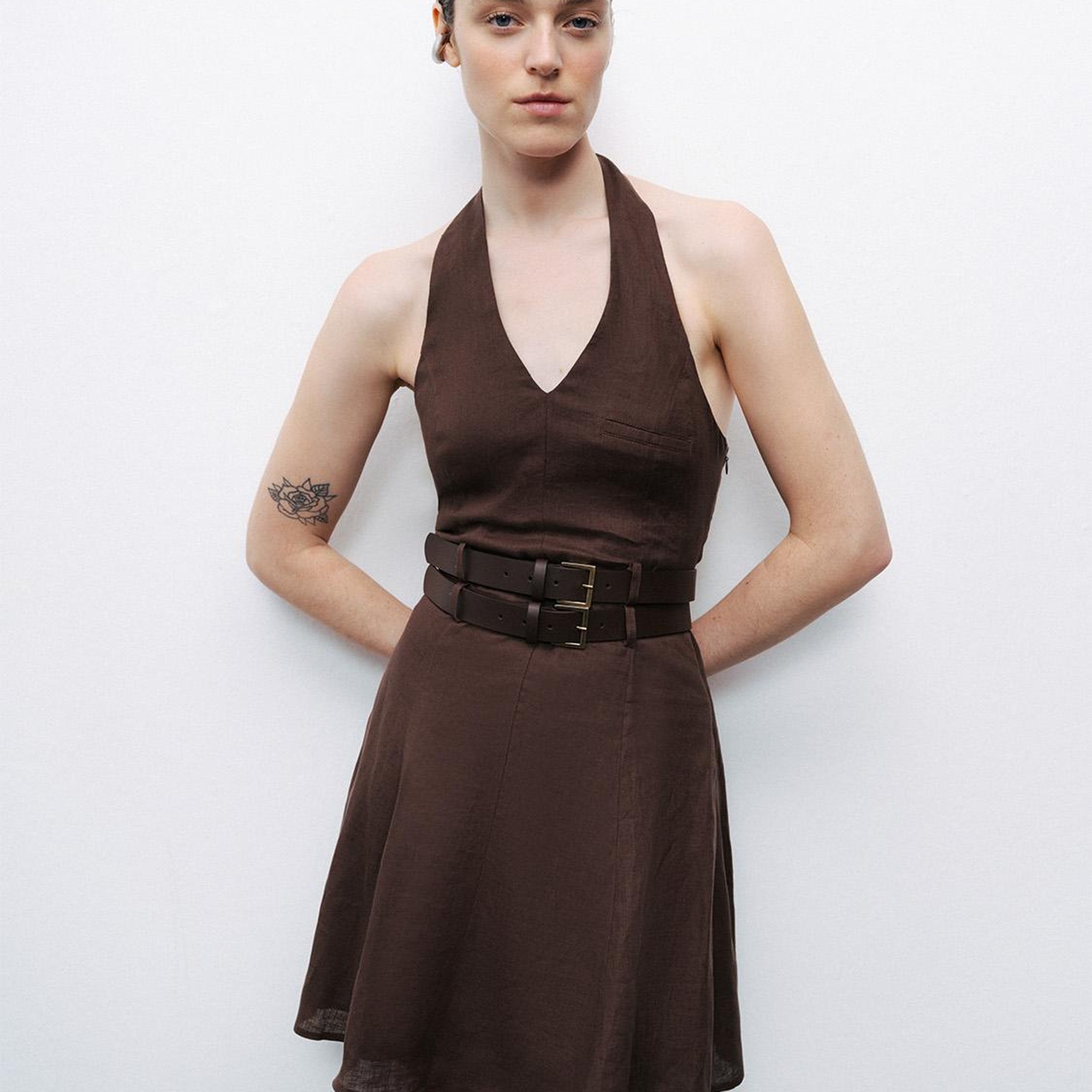 Çift Kemer Detaylı Mini Elbise