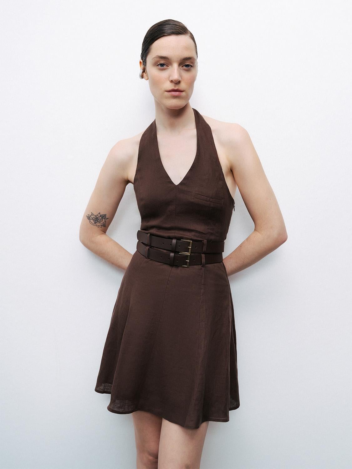  Çift Kemer Detaylı Mini Elbise